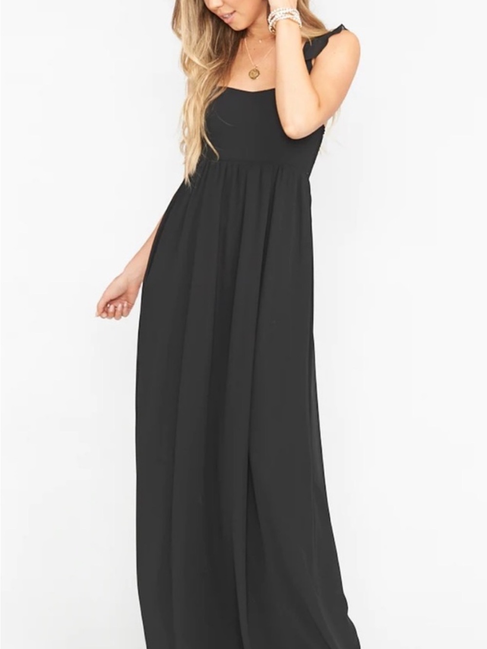 Show Me Your Mumu June Black Maxi Dress with Ruffle Shoulder size Large